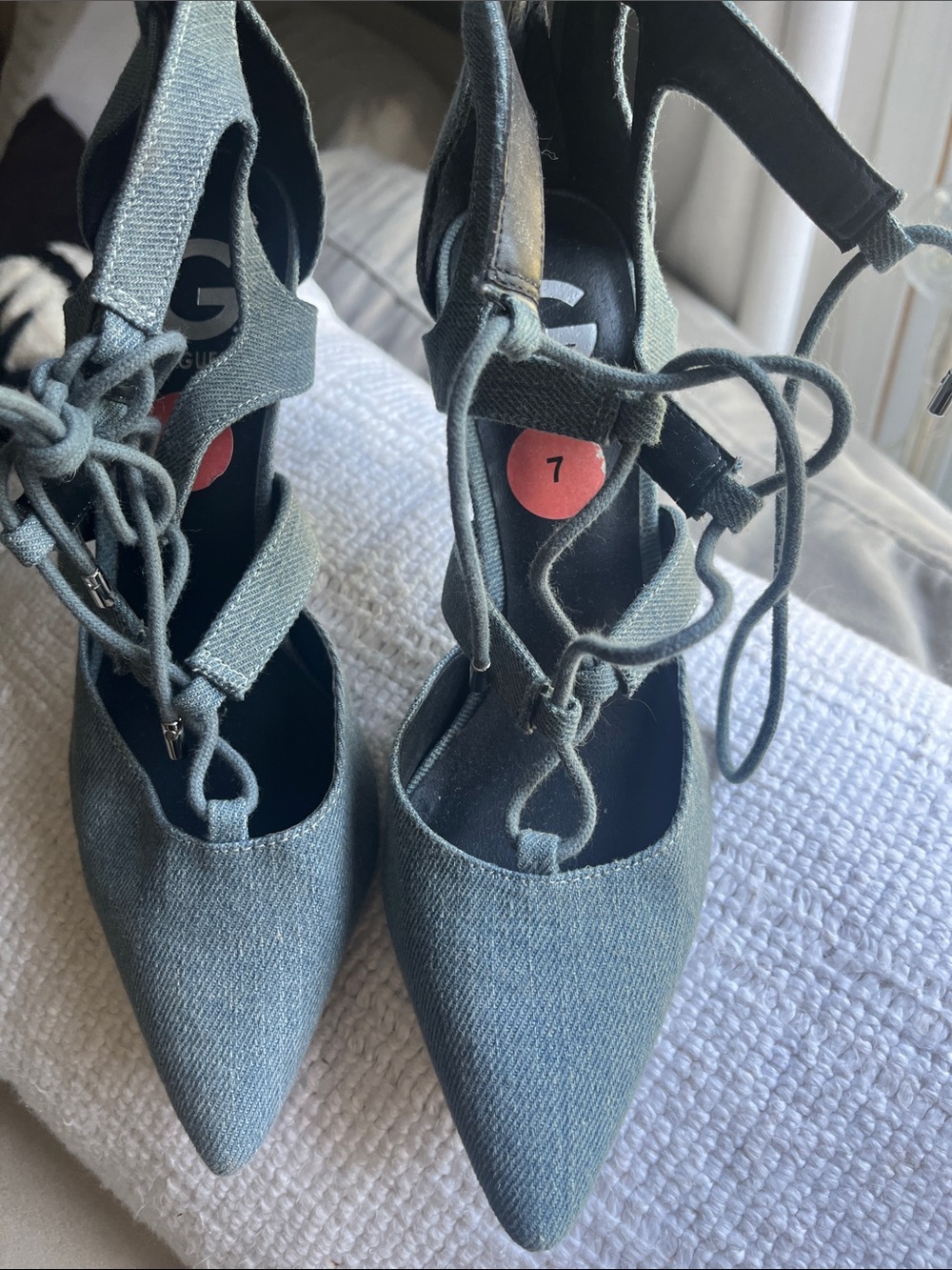 G by Guess Lace-Up Pointed Heels in Light Blue Denim